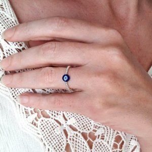 ***1 DAY SALE!***🧿 Evil Eye of Protection Stretchy Ring Blue White Silver Pearl